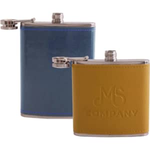 A drink bottle featuring two flasks, one blue and one yellow, with a sleek design and a logo on the yellow flask.