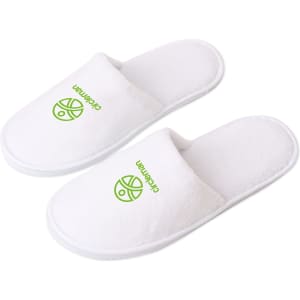 White hotel slippers with a logo, featuring a soft texture and open-toe design.