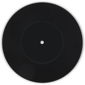 A black coaster designed to resemble a vinyl record, featuring grooves and a central hole.
