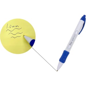 A blue and white pen with a retractable tip, alongside a yellow sticky note with writing on it.