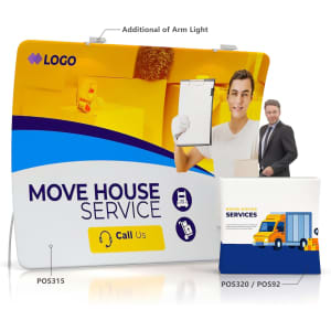 A U-shaped tension fabric display wall in yellow and blue with a logo and a character holding a clipboard.