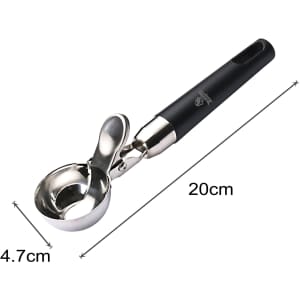 An ice cream scoop with a stainless steel head and a black ergonomic handle, measuring 20 cm in length.