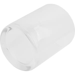 A clear glass whiskey tumbler with a smooth surface and rounded base. It features a simple design and has a logo.