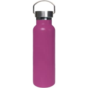 A drink bottle in vibrant pink, featuring a stainless steel lid and double wall vacuum insulation.