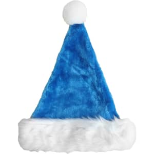 A blue plush Santa hat with a white fur trim and a fluffy white pom-pom on top.