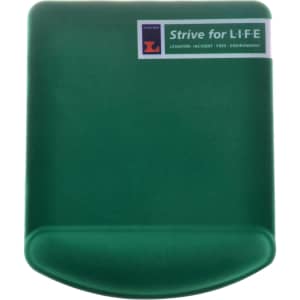 A green rectangular gel pad with a smooth surface and a curved edge, featuring a logo and branding label.