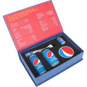 A drink bottle set in blue packaging, featuring Pepsi-branded items including a bottle, earbuds, and a cup.