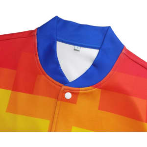 A vibrant unisex track jacket featuring a multicoloured design in red, orange, yellow, and blue, with a branding logo.