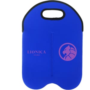A drink bottle cooler in vibrant blue, featuring a handle and a logo on one side.