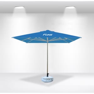 A 2x2m square commercial market umbrella in blue with a round base and a logo on the canopy.