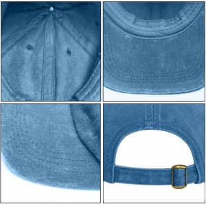 A vintage washed blue baseball cap featuring a logo, with detailed stitching and an adjustable strap at the back.