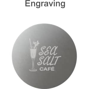 A round metal coaster with a brushed silver finish and a logo engraved on it.