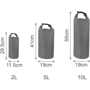 Three grey Oxford cloth dry bags of varying sizes: 2L, 5L, and 10L, displayed with dimensions. Each has a handle.