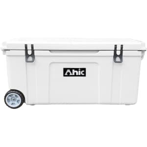 A white 120L cooler box with wheels and handles, featuring a logo on the front.
