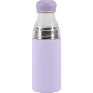 A drink bottle in a lilac colour with a stainless steel base, featuring a clear, screw-on lid and a logo.