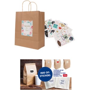 A kraft paper bag with twisted handles, featuring a decorative label, accompanied by assorted stickers.