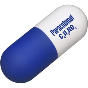 A capsule-shaped stress reliever with a blue and white design, featuring a logo on the surface.