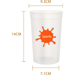 A translucent plastic stadium cup in clear with an orange splash design. Measures 14cm in height and 9.3cm in diameter.