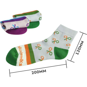 Ankle custom pattern socks featuring a towel bottom, in pastel colours with green, purple, and orange accents.