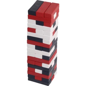 A tower of stacked blocks in black, red, and white, designed for fun and games. Features a logo on the side.