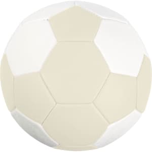 A machine-stitched handball in white and cream, featuring a hexagonal pattern and a logo.