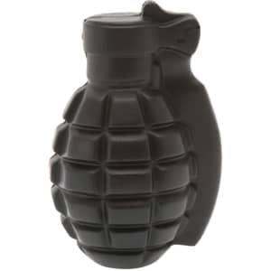 A black grenade-shaped stress reliever with textured surfaces and a pull pin design. Features a logo on the side.