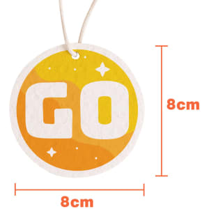 A circular tag featuring bold white text with the word "GO", coloured in a gradient of yellow and orange.