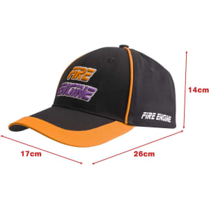 A black and orange cap with contrast trim and a logo on the front. Dimensions are indicated.