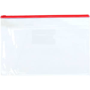 A transparent A4 file bag with a red zipper, suitable for storing documents and other items. Features a logo.