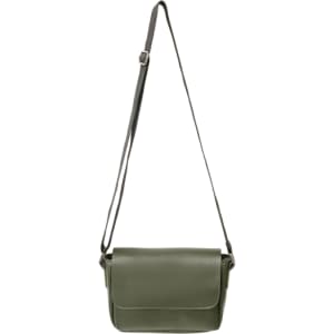 A green polyurethane shoulder bag with a long adjustable strap and a front flap. It features a logo on the front.