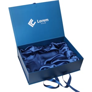 A blue custom gift box with a satin interior and a logo on the lid, featuring ribbon ties.