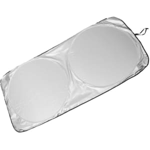 A foldable car shade in silver with a black trim, featuring two circular panels. It includes a storage pouch.