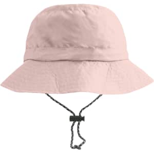 A foldable bucket hat in a light pink colour with a drawstring for adjustment. Includes a logo on the side.