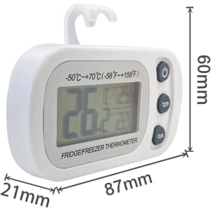 A white ambient thermometer with a digital display, featuring dimensions and a hook for hanging.
