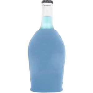 A drink bottle with a light blue cooler featuring a zipper. The cooler has a simple design and includes a logo.