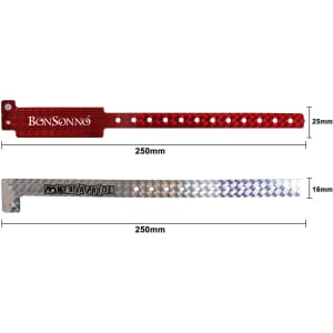 Two disposable holographic PVC wristbands in red and silver, each measuring 250mm in length with a branding logo.