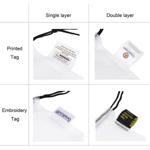 A collection of produce bags in a single layer and double layer design, featuring printed and embroidered tags.