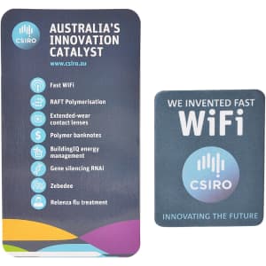 A promotional card featuring a logo, listing innovations like WiFi and contact lenses, in blue and green tones.
