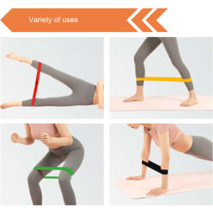 A set of four fitness resistance bands in red, yellow, green, and black, demonstrating various exercises against a light background.