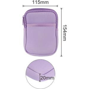 A drink bottle pouch in a soft lavender colour with a zip closure and front pocket. Features dimensions of 115mm by 154mm.