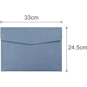 A blue PU leather A4 file bag with a flap closure, measuring 33cm x 24.5cm, featuring a logo.