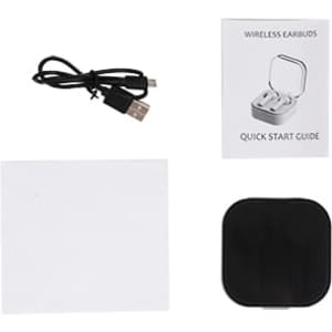A set of black true wireless earbuds, a charging case, a USB charging cable, and a quick start guide.