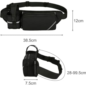 A black fanny pack with a bottle holder, featuring adjustable straps and a reflective detail on the front.