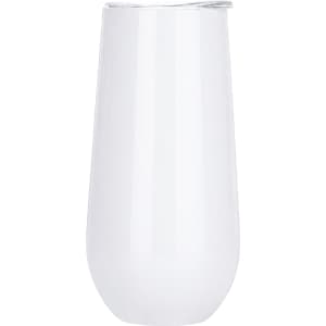 A drink bottle in clear, frosted glass design with a metallic rim, featuring a logo on one side.