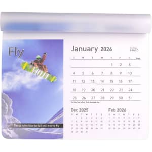 A calendar mouse mat featuring a snowboarding image in vibrant colours, with a January 2026 calendar layout.
