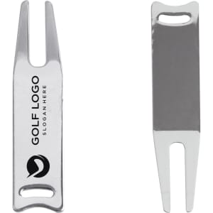 A silver golf divot tool with a logo, featuring a two-pronged design for repairing greens.