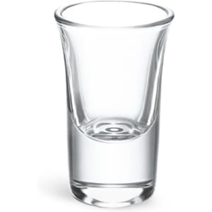 A clear glass shot glass with a tapered shape, designed for serving drinks, presented individually.