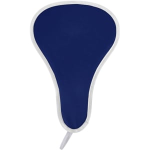 A foldable event fan featuring a navy blue surface with a white border and a handle.