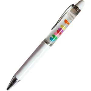 A white plastic pen with a transparent barrel featuring colourful floating objects and a silver clip.