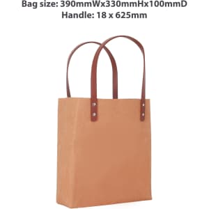 A brown washable Kraft paper bag with a tan PU handle, sized 390x330x100mm, featuring two handles.